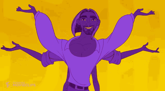 a cartoon of a man in a purple shirt is featured on a yellow background