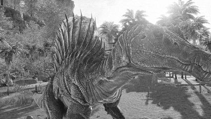 a black and white photo of a dinosaur in a field with palm trees .