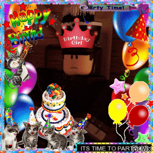 a birthday girl is surrounded by balloons and cats
