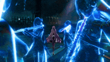 a girl in a purple dress is surrounded by glowing skeletons in a video game