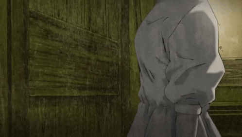 a black and white drawing of a young girl standing in front of a wooden door .