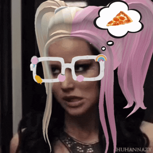 a woman with pink hair is wearing glasses and thinking about pizza
