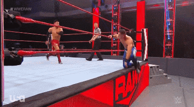 two men are wrestling in a wrestling ring with the word raw on the side of the ring