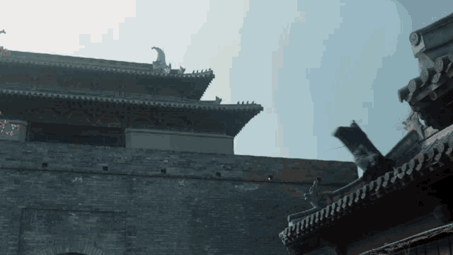 a very tall building with a roof that has a dragon on it