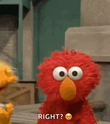 elmo from sesame street is standing next to a yellow stuffed animal and says right ?
