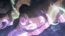 a blurry picture of a person laying on a couch with a purple background .