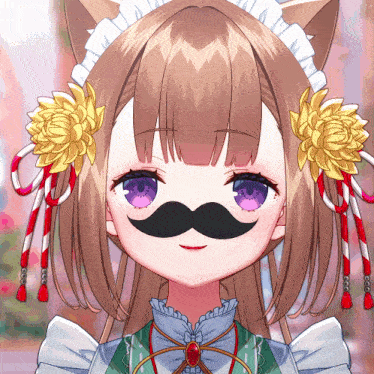 a girl with purple eyes and a fake mustache