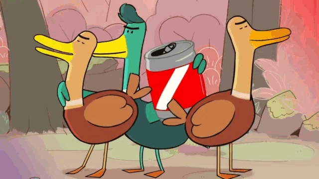 a cartoon of three ducks holding a can of coke