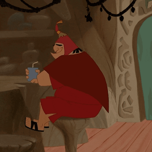a cartoon character sitting on a rock holding a drink