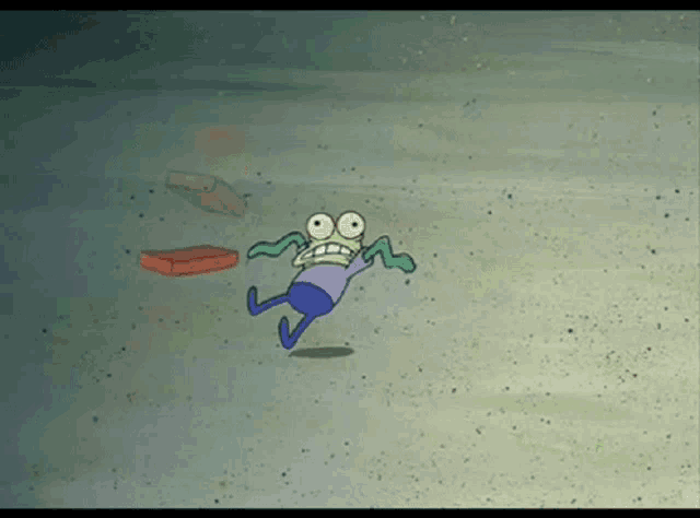 a cartoon character from spongebob squarepants is running on a sandy beach