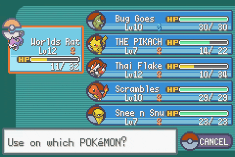 a screenshot of a pokemon game that says use on which pokemon ..