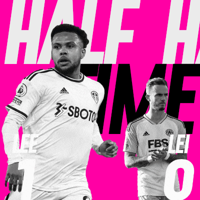 two soccer players on a pink background with half time written on the bottom
