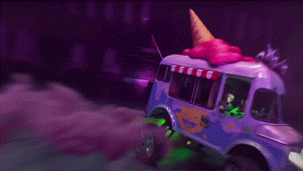a purple and white ice cream truck with a pink cone on top of it