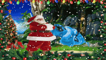 a christmas scene with santa claus and a blue dragon