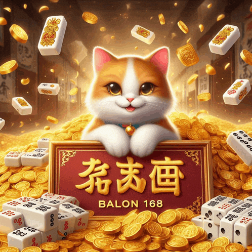 a cat is holding a sign that says balon 168 on it