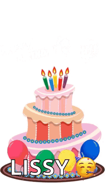 a birthday cake with candles and balloons and the name lissy