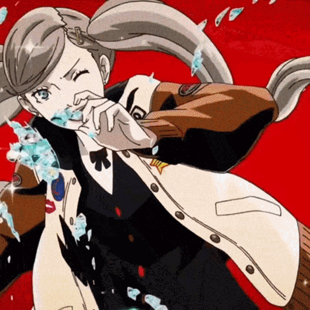 a cartoon of a girl with a ponytail holding a piece of ice .