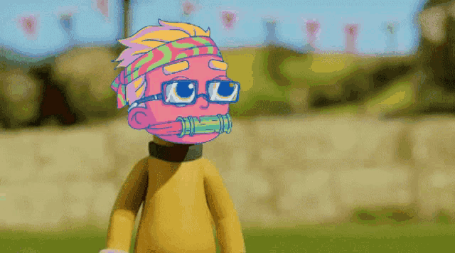 a colorful cartoon character with glasses and a yellow shirt