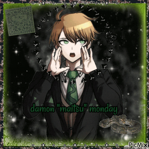 a picture of a boy in a suit and tie with the words damon " matsu " monday