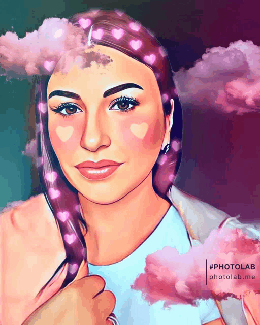 a painting of a woman with pink hearts on her face and the hashtag #photolab