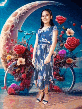 a girl in a blue dress stands in front of a bicycle covered in flowers and a crescent moon