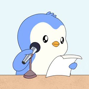 a cartoon penguin is holding a microphone and reading a piece of paper