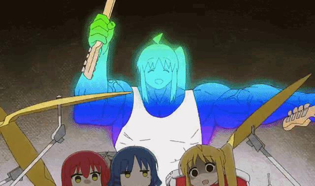 a group of anime girls are standing around a drummer holding a drum stick