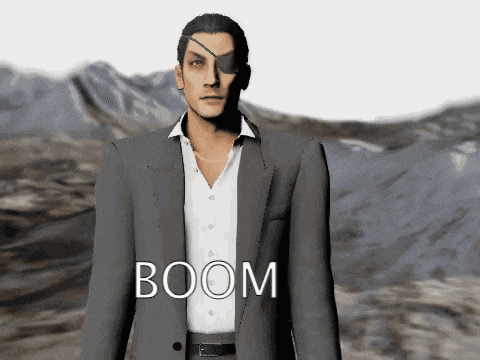 a man in a suit and white shirt is standing in front of mountains and the word boom is on the bottom