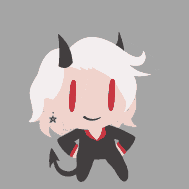 a cartoon character with horns and a tail is smiling