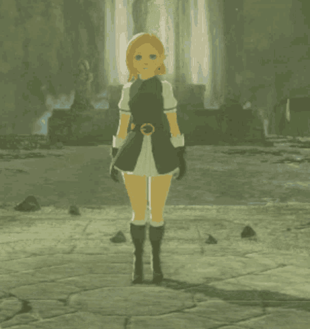 a girl in a green dress and boots is standing in a cave
