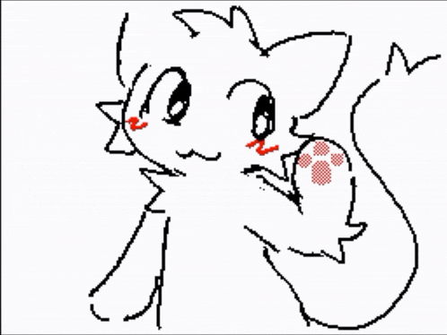 a black and white drawing of a cat with a red paw print