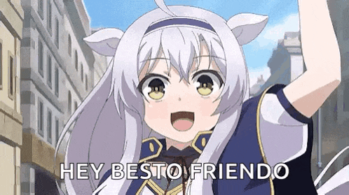 a girl with a cat ear is waving her hand in the air and says `` hey besto friendo '' .
