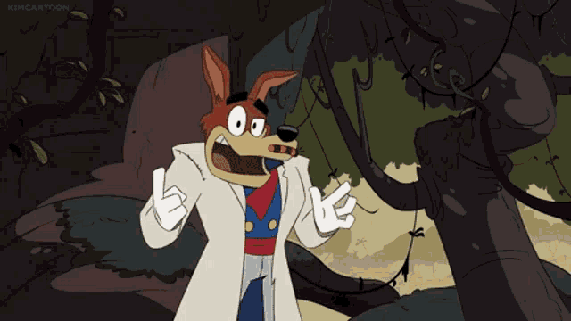 a cartoon character from kimcartoon is standing in the jungle