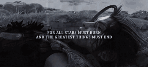 a black and white photo of a person with the words for all stars must burn and the greatest things must end above them