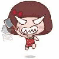 a cartoon girl with a red bow is holding an axe .