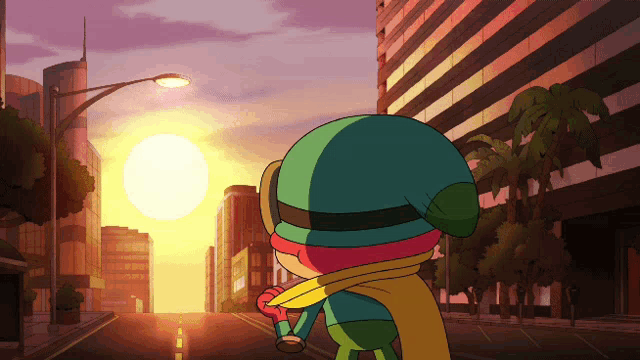 a cartoon character stands on a street looking at the sun