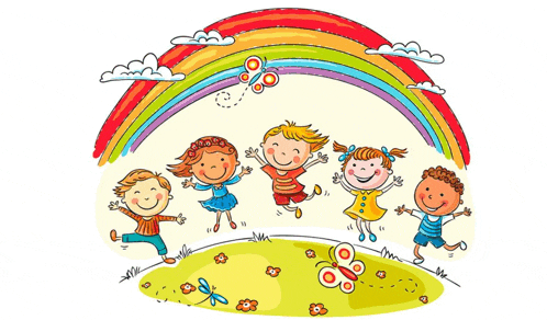 a group of children jumping in the air with a rainbow in the background