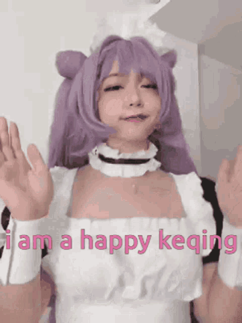 a woman in a maid costume with purple hair and the words " i am a happy keging " written in pink