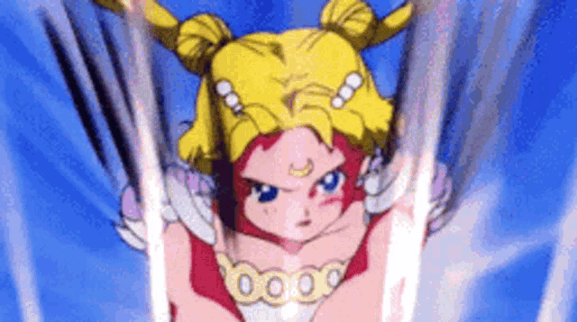 a close up of a cartoon character holding a sword in her hand .