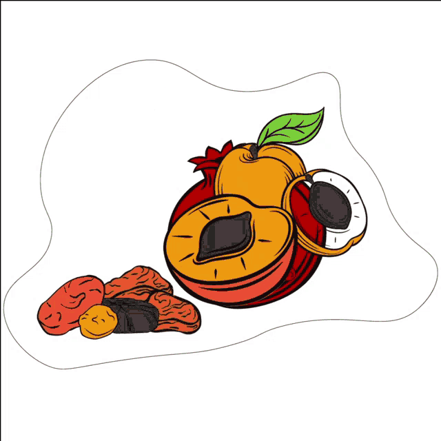 a drawing of various fruits including a pomegranate apricots and nuts