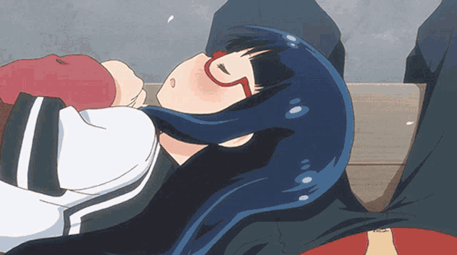 a girl with blue hair and red glasses is laying down