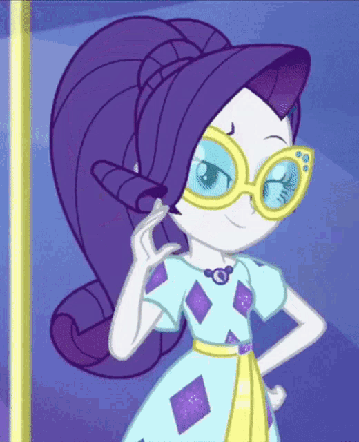 a cartoon girl with purple hair and glasses is standing with her hands on her hips