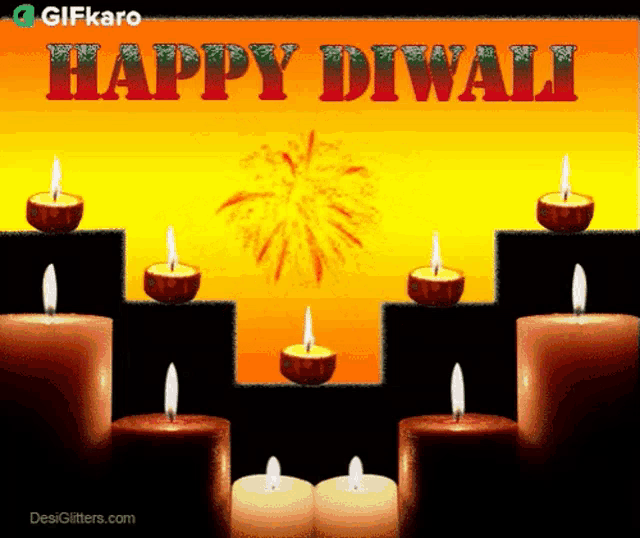 a happy diwali greeting with candles and fireworks in the background