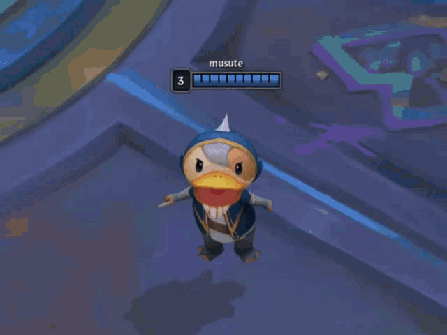 a cartoon duck is crying in a video game with musute at 3