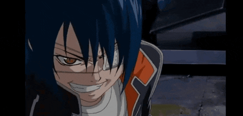 a close up of a cartoon character with blue hair and a bandage on his eye