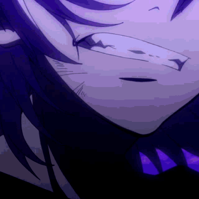 a close up of a purple anime character 's face