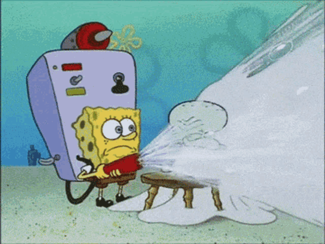 a cartoon of spongebob sitting on a stool with a machine behind him that says " i & i "