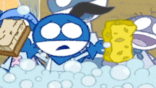 a blue cartoon character is holding a sponge and a piece of bread