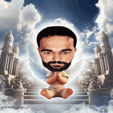 a cartoon of a man with a beard and angel wings sitting on a staircase