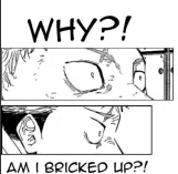a black and white drawing of a man with glasses and the words `` why ? am i bricked up ? '' .